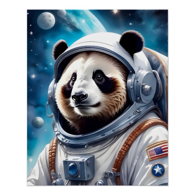 Pôster Urso Panda Bonito em Astronauta no Espaço Exterior (Frente)