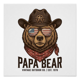 Pôster Urso Papai Urso Cowboy Patriótico Vetor Vintage De