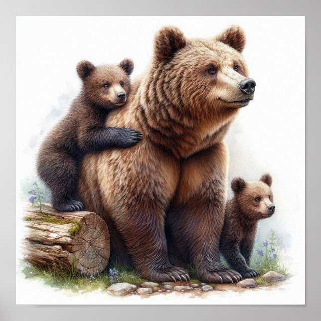 Poster Urso Pardo com Dois Filhotes (Frente)