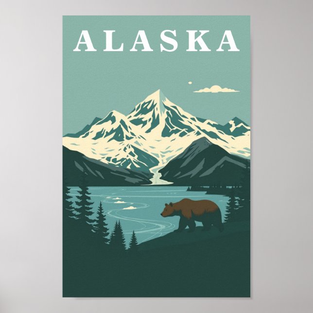 Poster Urso Pardo de Viagem Retrô do Alasca (Frente)