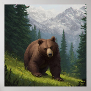 Poster Urso Pardo em uma Campina de Montanha