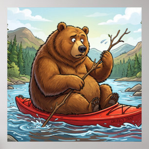 Poster Urso Pardo Engraçado em Caiaque Cartoon
