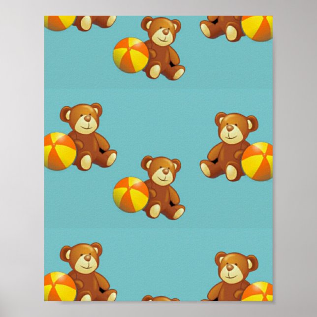 Poster Urso peludo bonito com bola em azul (Frente)