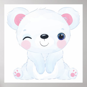 Poster Urso Polar Bebê Piscando Olhos Aquarela