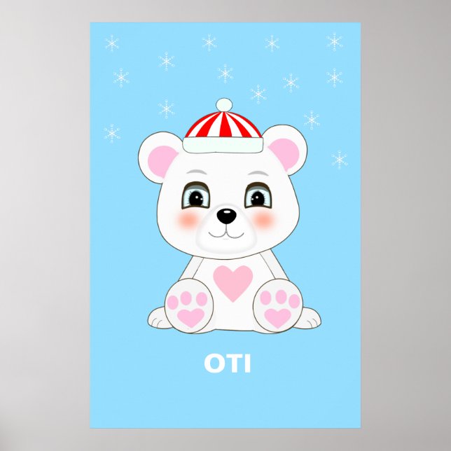 Poster Urso Polar Bonito e Flocos de Neve na Colúmbia Azu (Frente)