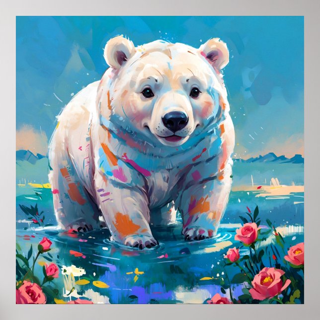 Poster Urso Polar Branco Fofo com Pintura de Rosas (Frente)