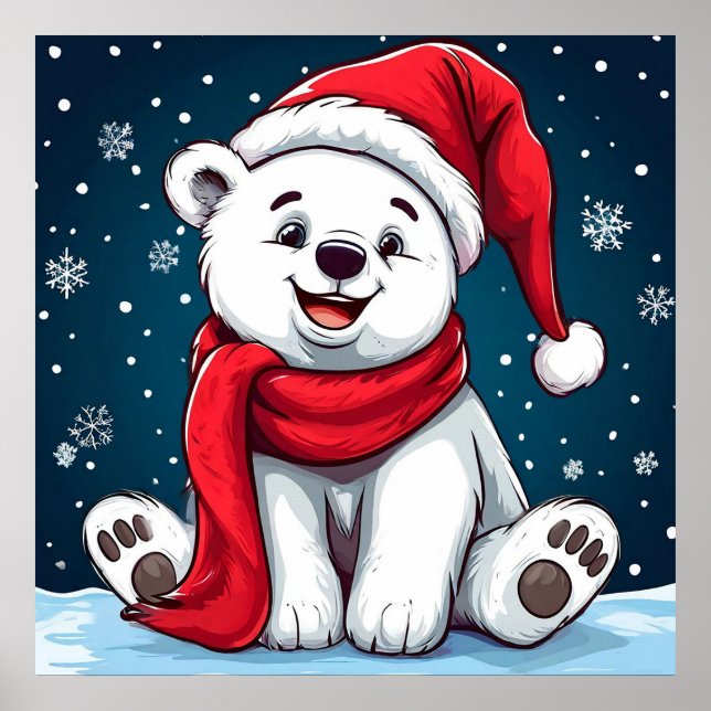 Poster Urso Polar de Desenho Adorável com Chapéu de Papai (Frente)