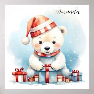 Poster Urso Polar de Natal em Aquarela Fofa