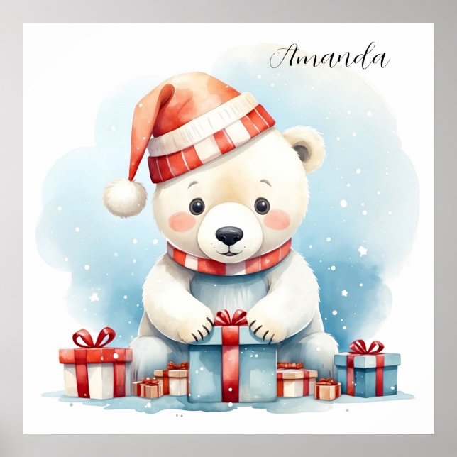 Poster Urso Polar de Natal em Aquarela Fofa (Frente)