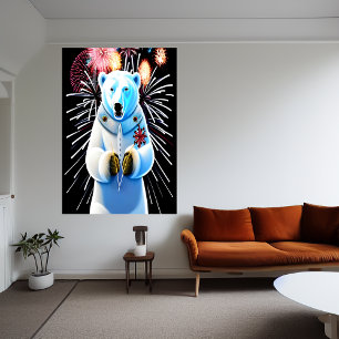 Poster Urso polar de uniforme e fogos de artifício Arte