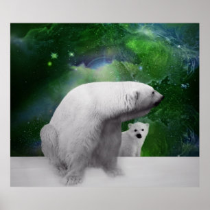 Poster Urso polar, filhote e Aurora da aurora boreal