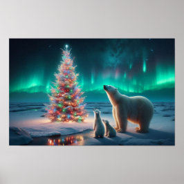 Poster Urso Polar Mãe Cubs Árvore De Natal Aurora Boreali