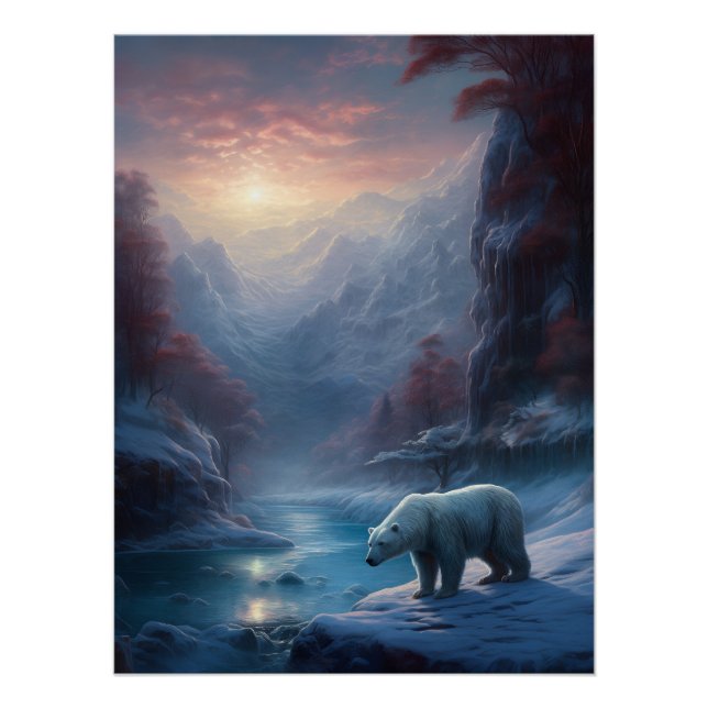 Pôster Urso Polar na Pintura Florestal de inverno (Frente)