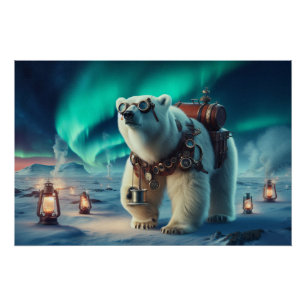 Pôster Urso Polar Steampunk e Arte Aurora