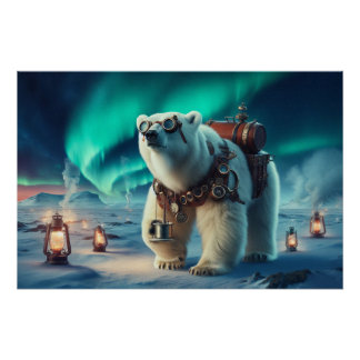 Pôster Urso Polar Steampunk e Arte Aurora