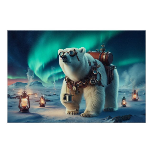 Pôster Urso Polar Steampunk e Arte Aurora (Frente)