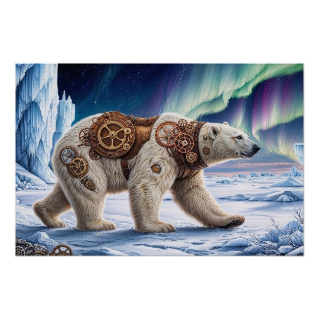 Pôster Urso Polar Steampunk e Design Aurora (Frente)