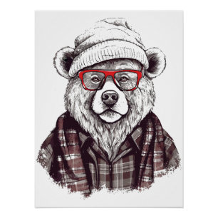Pôster Urso Retro com Óculos Vermelhos