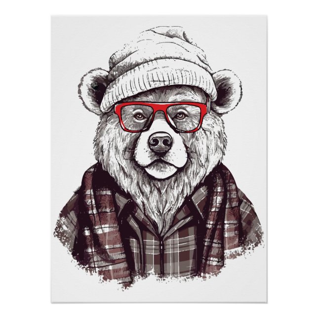 Pôster Urso Retro com Óculos Vermelhos (Frente)
