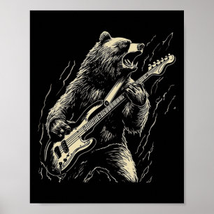 Poster Urso Retrorista Jogando Urso-De-Violão Guitarista 