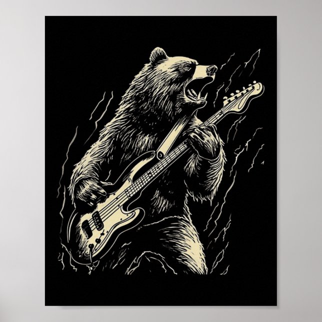 Poster Urso Retrorista Jogando Urso-De-Violão Guitarista  (Frente)