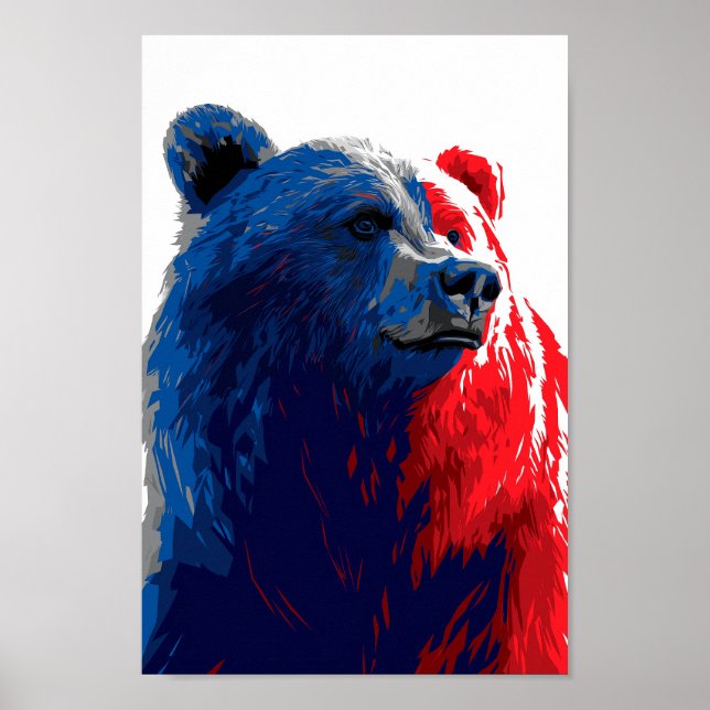 Poster Urso Russo - Design de Arte Vermelha e Azul Negrit (Frente)