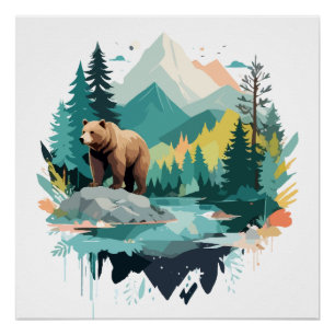 Pôster Urso Selvagem Natureza Animal Exterior Aquarela