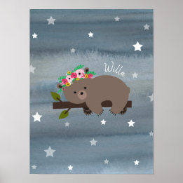Pôster Urso Sonolento Cubo Watercolor Bebê Floral