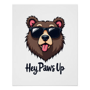 Pôster Urso Vintage Hey Patas para Cima com Óculos de Sol
