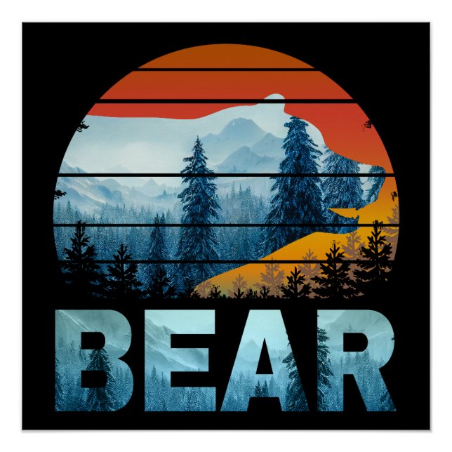 PÔSTER URSO VINTAGE NATUREZA SELVAGEM FLORESTA PÔR DO SOL (Frente)