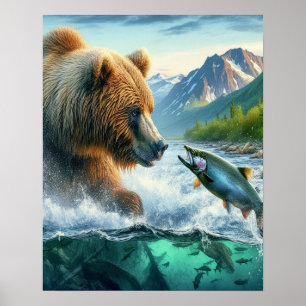 Poster Ursos grizzly com salmão de truta-lombo 16x20