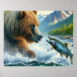 Poster Ursos grizzly com salmão de truta-lombo 16x20