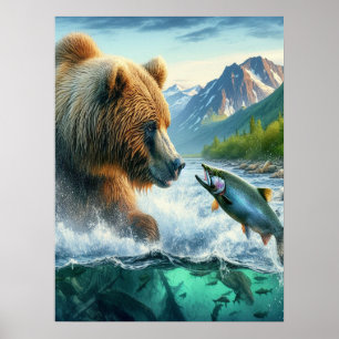 Poster Ursos grizzly com salmão de truta-lombo 18x24