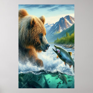 Poster Ursos grizzly com salmão de truta-lombo 24x36