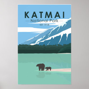 Poster Ursos Pardo do Parque Nacional Katmai Vintage