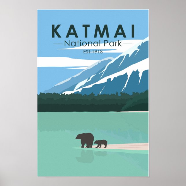 Poster Ursos Pardo do Parque Nacional Katmai Vintage (Frente)
