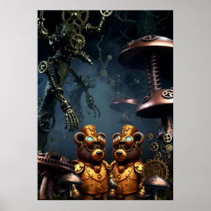 Poster Ursos Steampunk na Floresta Mecânica Arte Fantasia