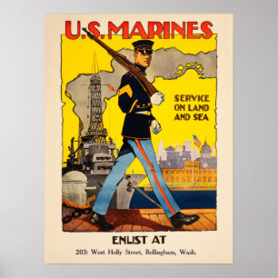 Poster US Marines Service On Land and Sea American WW1