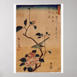 Pôster Utagawa Hiroshige, Camellia e Bush Warbler, 1844
