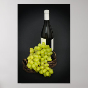 Pôster uvas em uma cesta e garrafa de vinho