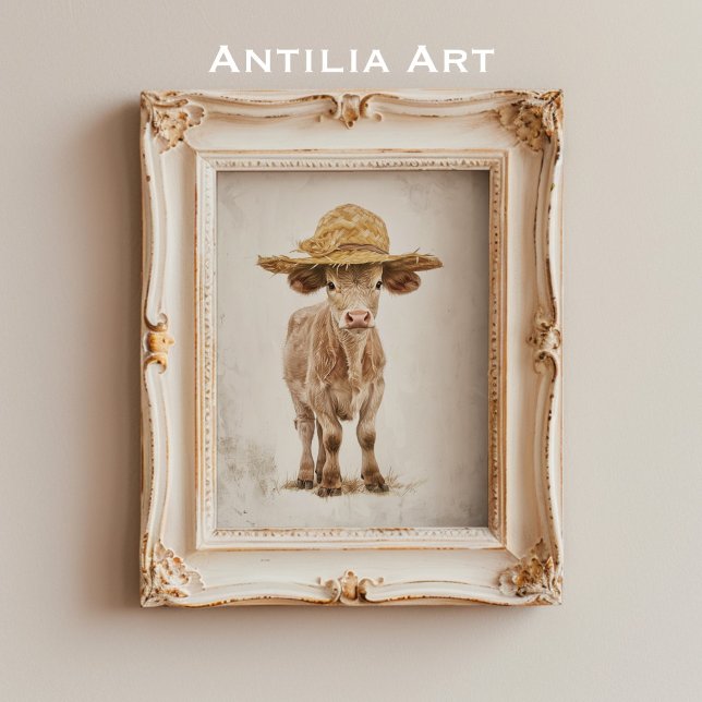 Poster Vaca com palha Chapéu Whimsso Vitelo de Fazenda (Criador carregado)