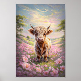 Poster Vaca das Terras Altas Cercada por Flores Rosa Choq