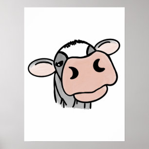 Poster vaca de desenho animado preto branco rosa beijo ci
