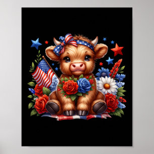 Poster Vaca De Highland 4 De Julho Floral, Vaca Patriótic