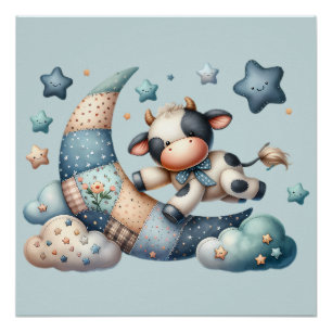 Pôster Vaca de Patchwork Fofa sobre a Lua com Estrelas