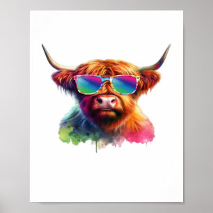 Poster Vaca do Planalto escocês em óculos escuros Água co