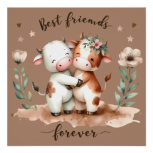 Pôster Vaca Fofa Melhores Amigas Abraço Arte Floral