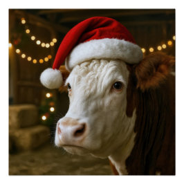 Pôster Vaca Hereford de Natal Vestindo um Chapéu de Papai