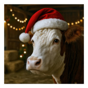 Pôster Vaca Hereford de Natal Vestindo um Chapéu de Papai