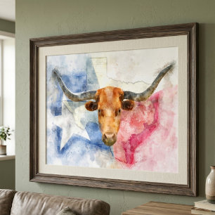 Poster Vaca Longhorn com mapa do Texas e Flag Watercolor